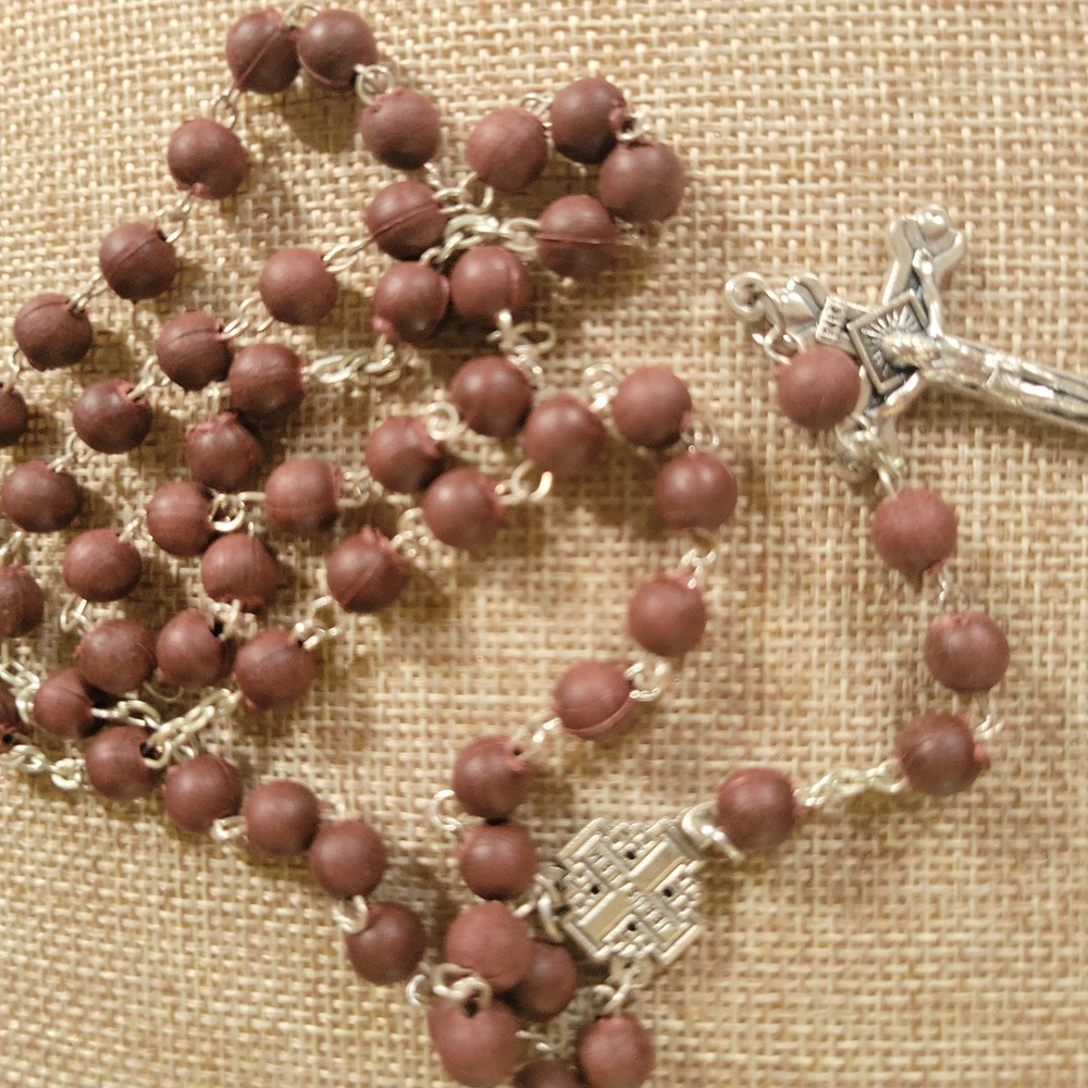Jerusalem Scented Rose Wood Bead Rosary Silver Crucifix 19in Cottagecore